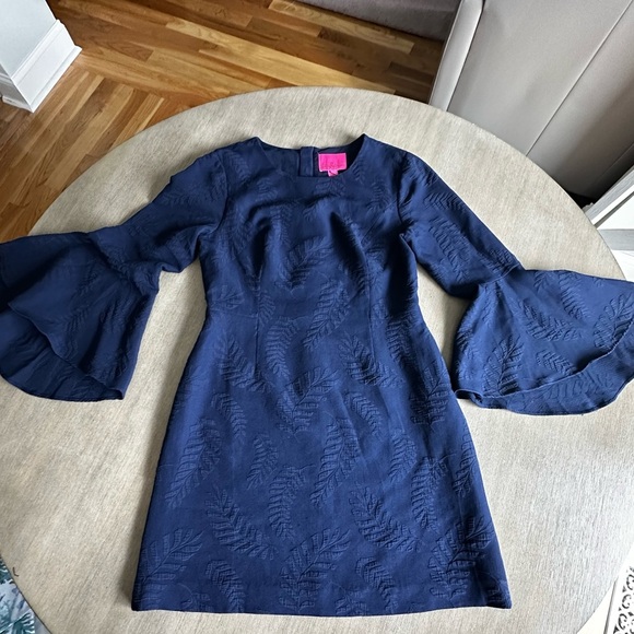 Lilly Pulitzer jacquard palm leaf bell sleeve Midnight Blue Leaf Dress size 10 - Picture 12 of 14